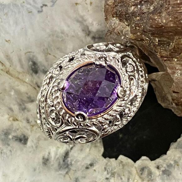 Carolyn Pollack Sterling Silver Oval Faceted Amethyst Decorated Ring For Women - Picture 1 of 10